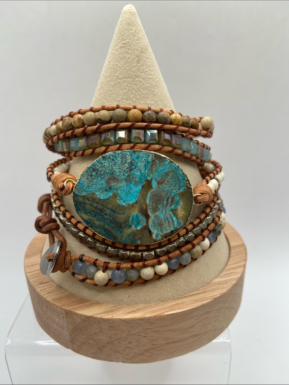 Ocean Jasper Stone Beaded Leather Wrap Bracelet Hand Crafted One Size Bohemian